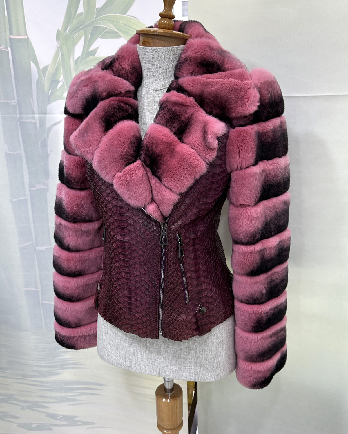 Rex Rabbit Fur Trim Genuine Python Leather Snake Skin Women's Biker Jacket