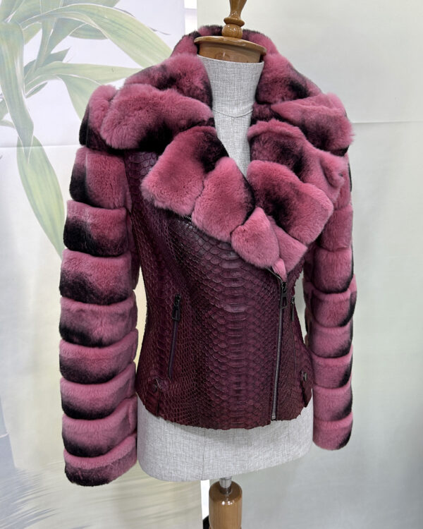 Rex Rabbit Fur Trim Genuine Python Leather Snake Skin Women's Biker Jacket