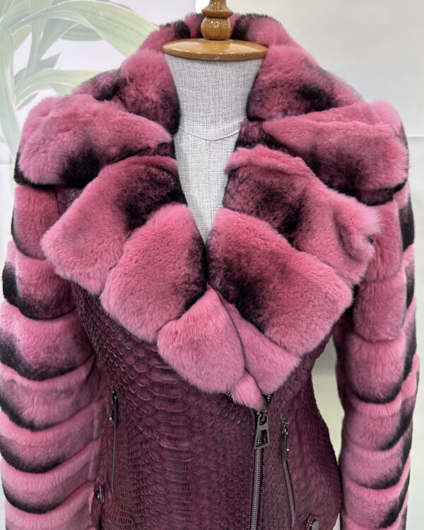 Rex Rabbit Fur Trim Genuine Python Leather Snake Skin Women's Biker Jacket