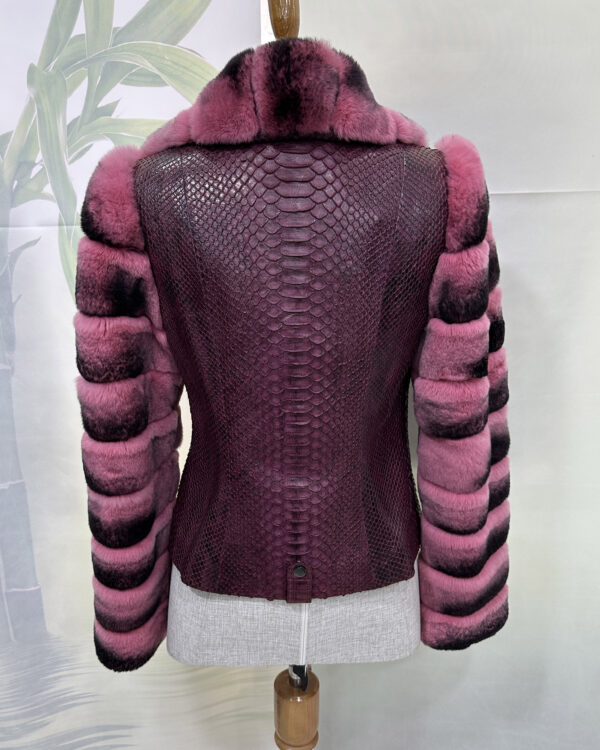 Rex Rabbit Fur Trim Genuine Python Leather Snake Skin Women's Biker Jacket