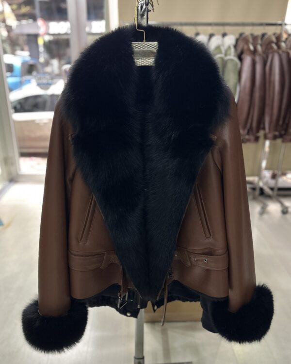 Genuine Fox Fur Trim Real Shearling Biker Jacket