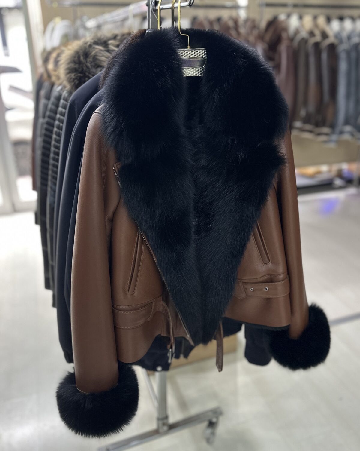 Genuine Fox Fur Trim Real Shearling Biker Jacket