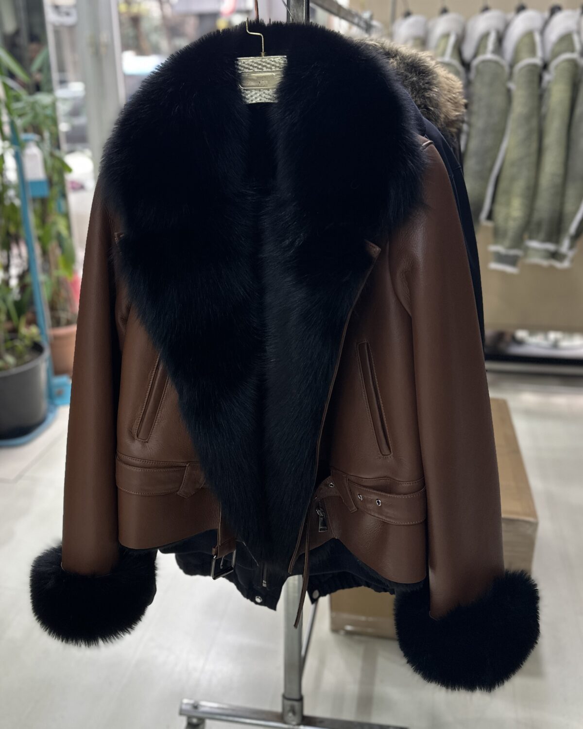Genuine Fox Fur Trim Real Shearling Biker Jacket