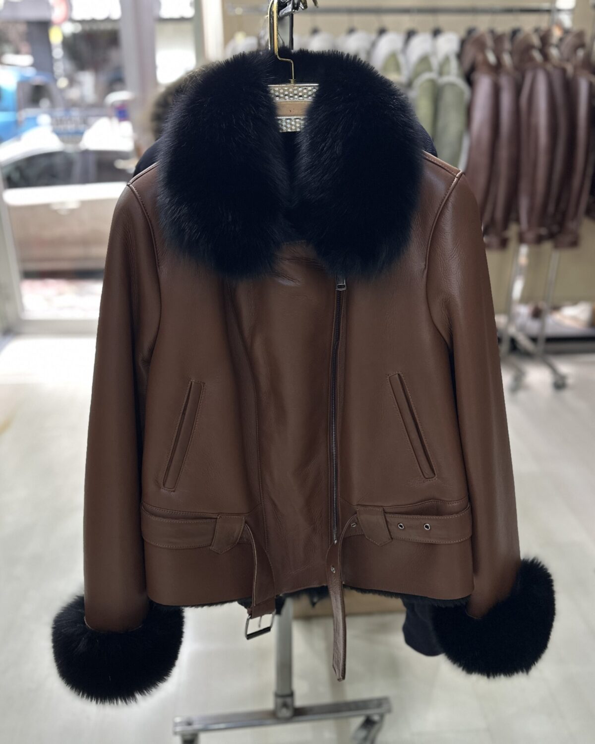 Genuine Fox Fur Trim Real Shearling Biker Jacket