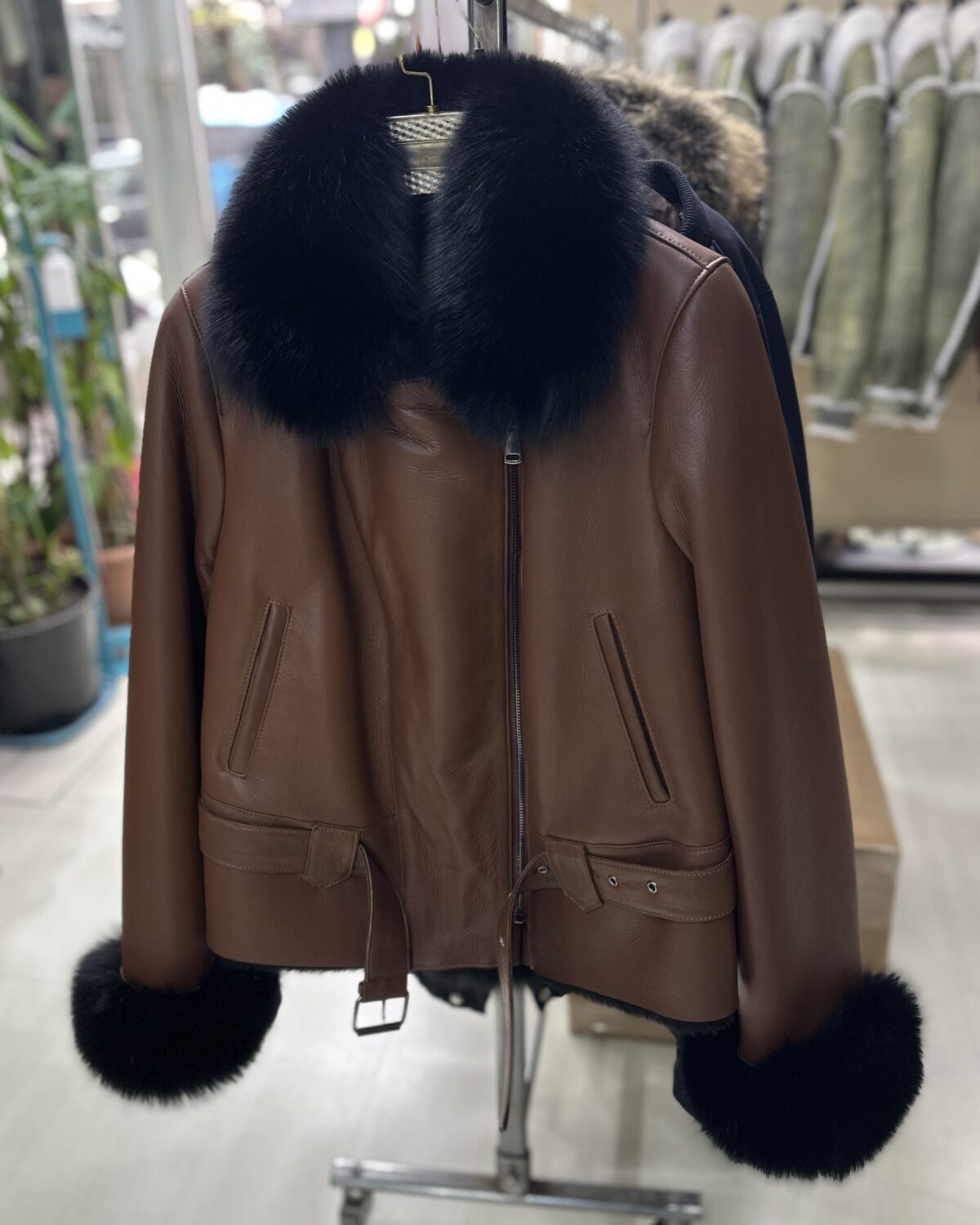 Genuine Fox Fur Trim Real Shearling Biker Jacket