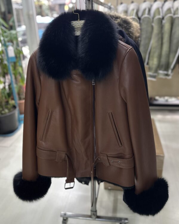 Genuine Fox Fur Trim Real Shearling Biker Jacket