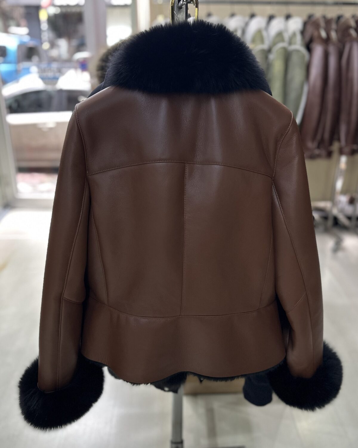 Genuine Fox Fur Trim Real Shearling Biker Jacket