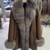 Genuine Crystal Fox Fur Trim Real Shearling Brown Women's Long Fur Coat