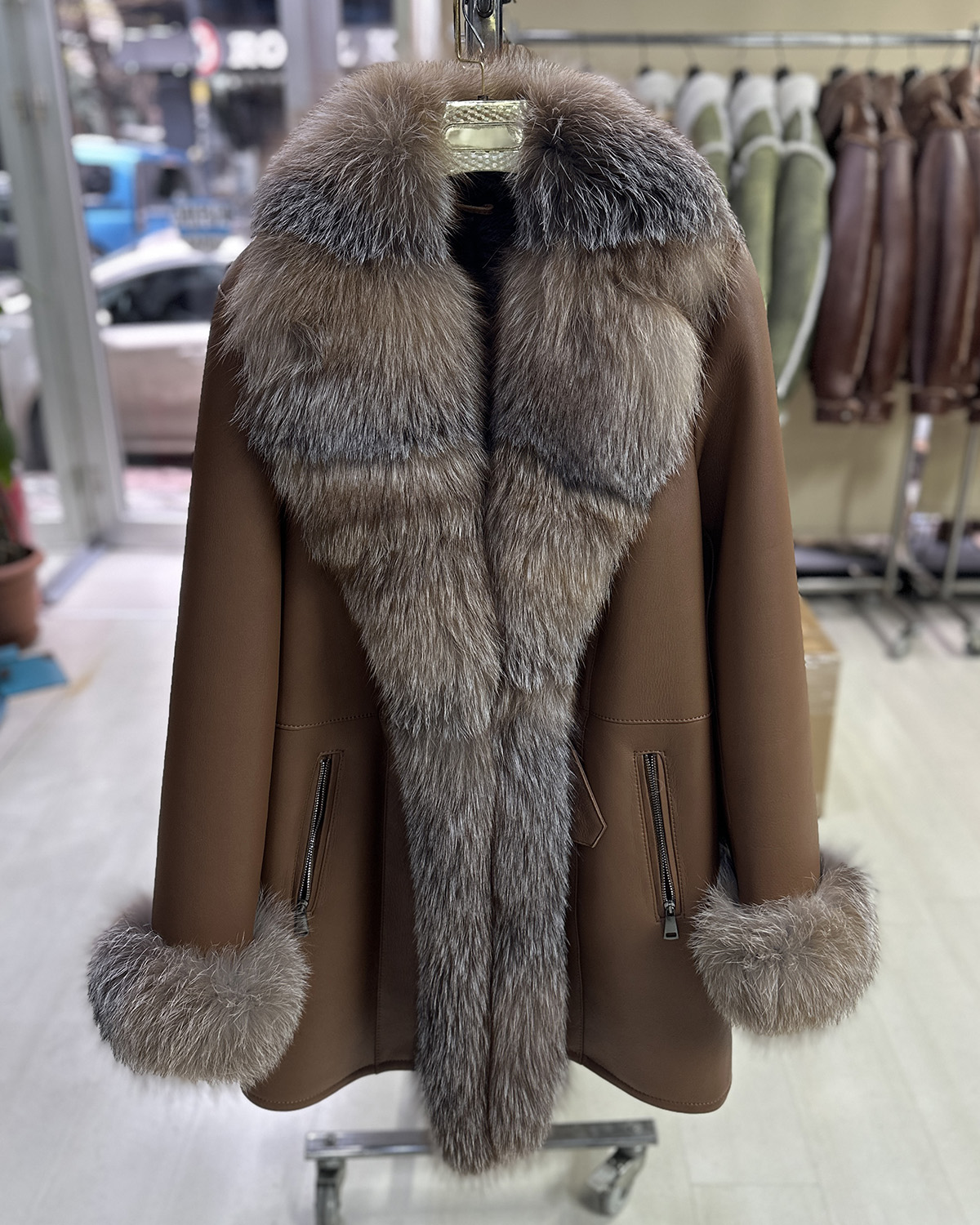 Genuine Crystal Fox Fur Trim Real Shearling Brown Women's Long Fur Coat