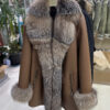 Genuine Crystal Fox Fur Trim Real Shearling Brown Women's Long Fur Coat