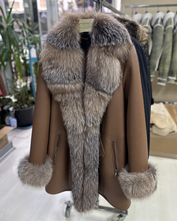 Genuine Crystal Fox Fur Trim Real Shearling Brown Women's Long Fur Coat