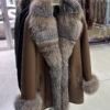 Genuine Crystal Fox Fur Trim Real Shearling Brown Women's Long Fur Coat