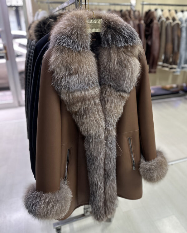 Genuine Crystal Fox Fur Trim Real Shearling Brown Women's Long Fur Coat