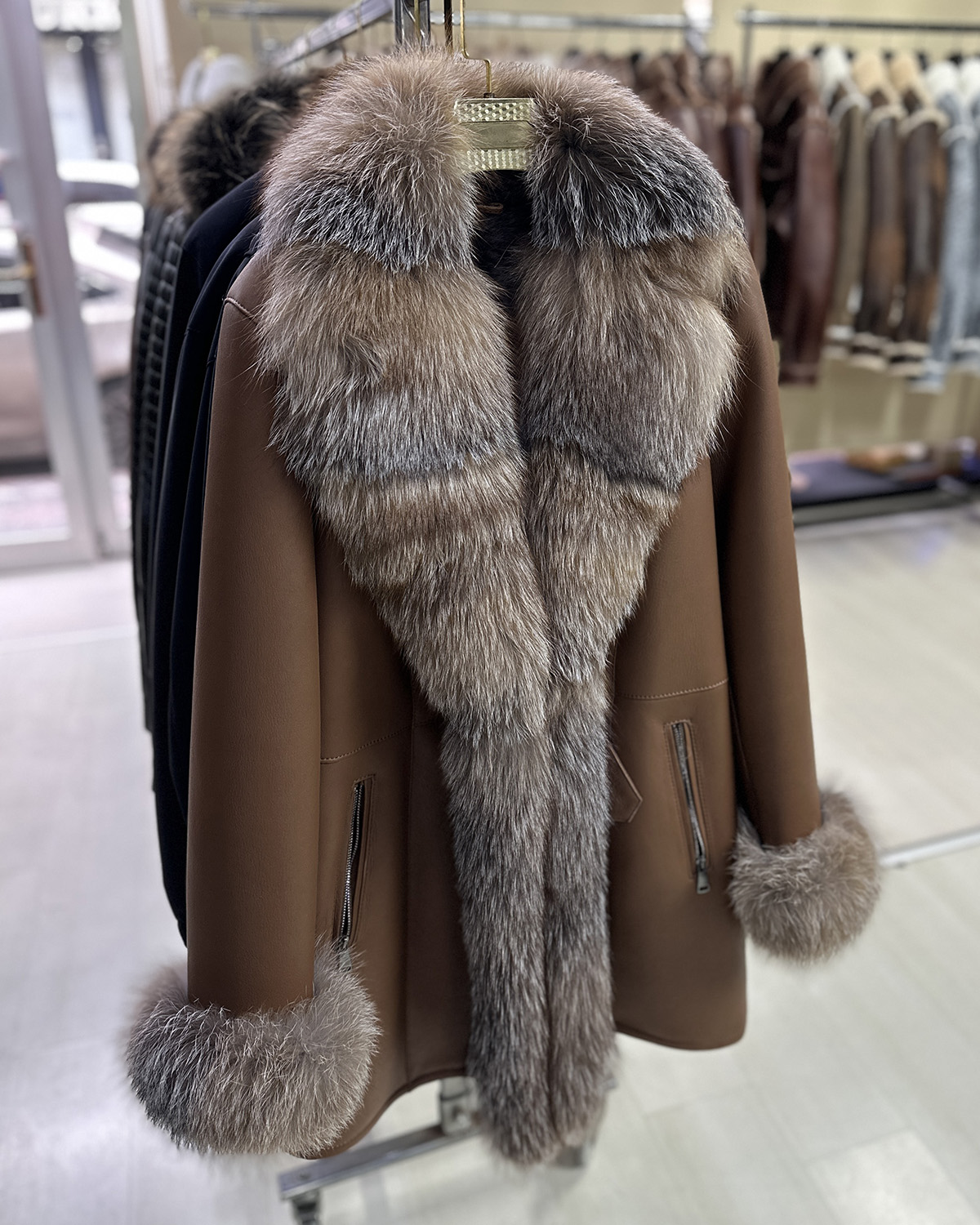 Genuine Crystal Fox Fur Trim Real Shearling Brown Women's Long Fur Coat