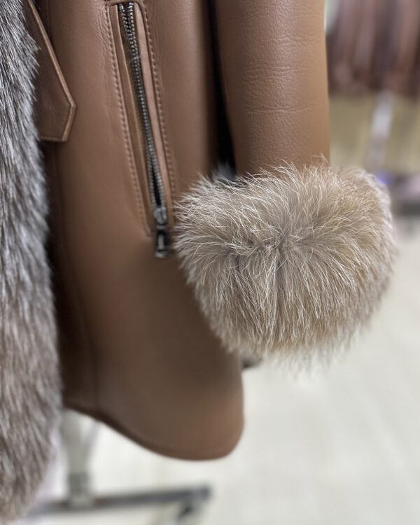 Genuine Crystal Fox Fur Trim Real Shearling Brown Women's Long Fur Coat