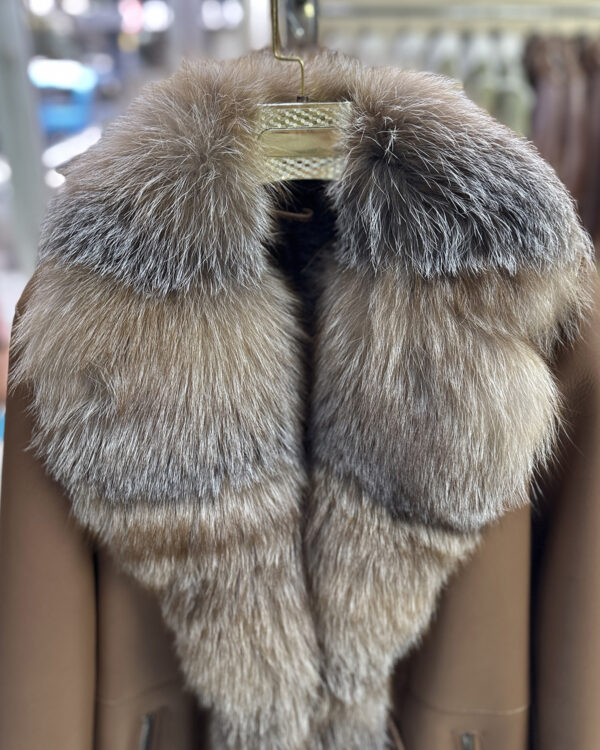 Genuine Crystal Fox Fur Trim Real Shearling Brown Women's Long Fur Coat