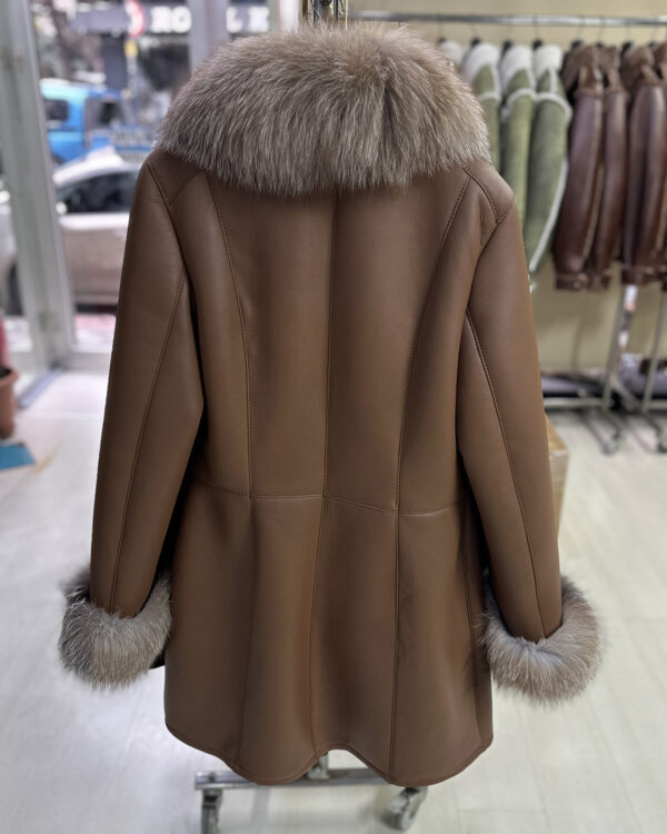 Genuine Crystal Fox Fur Trim Real Shearling Brown Women's Long Fur Coat