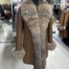 Genuine Crystal Fox Fur Trim Real Shearling Brown Women's Long Fur Coat