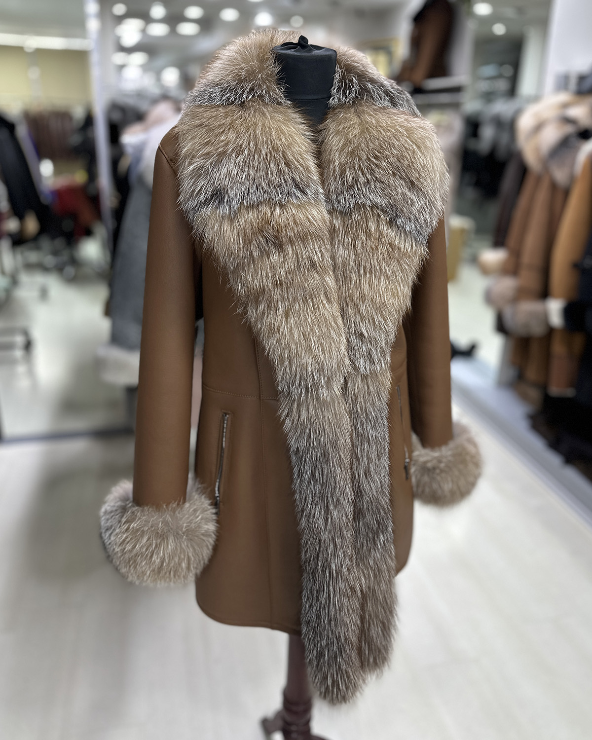 Genuine Crystal Fox Fur Trim Real Shearling Brown Women's Long Fur Coat