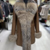 Genuine Crystal Fox Fur Trim Real Shearling Brown Women's Long Fur Coat