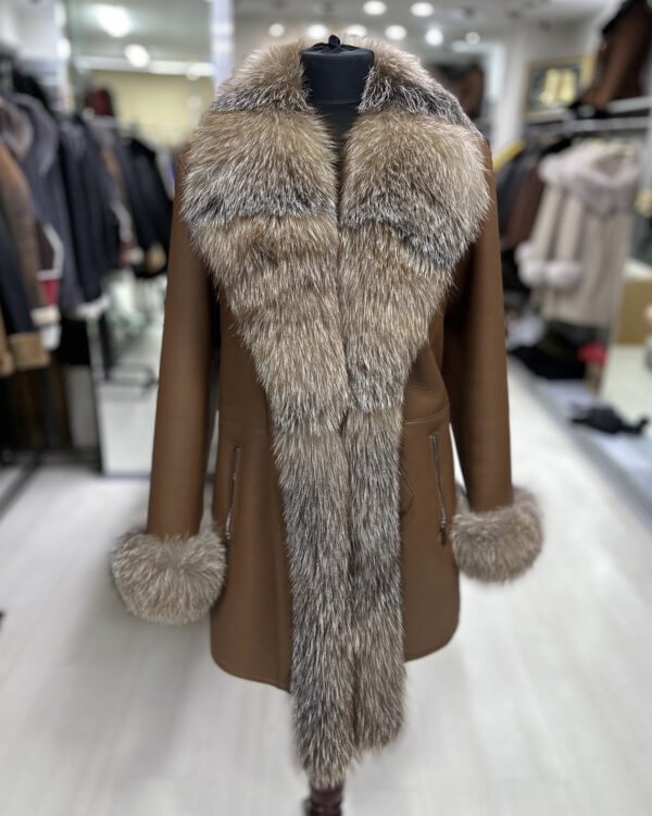 Genuine Crystal Fox Fur Trim Real Shearling Brown Women's Long Fur Coat