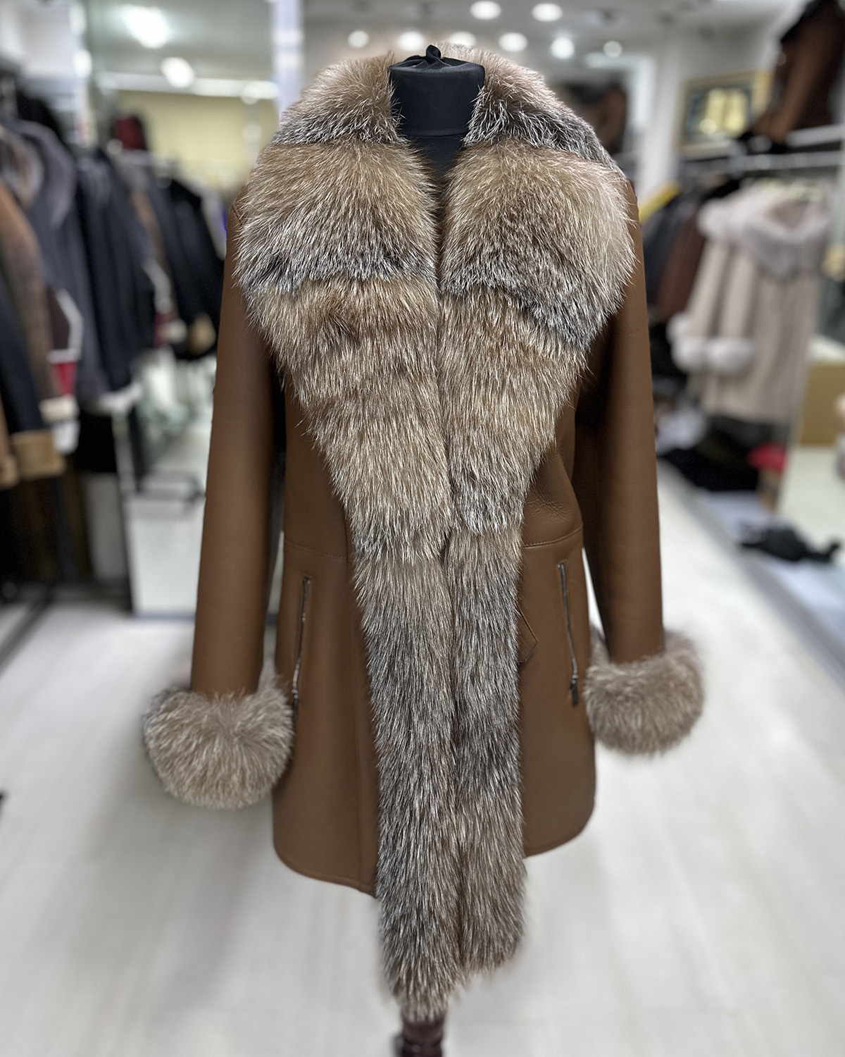 Genuine Crystal Fox Fur Trim Real Shearling Brown Women's Long Fur Coat