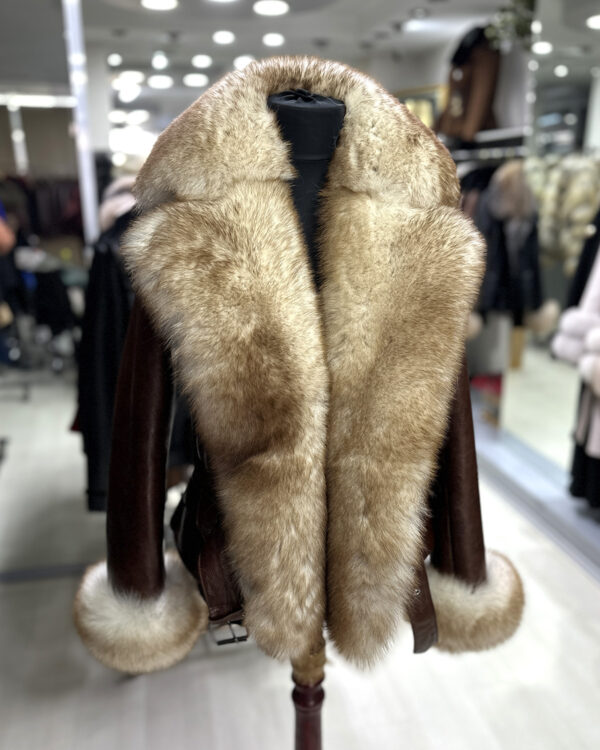 Genuine Fox Fur Trim Real Shearling Tan Biker Jacket