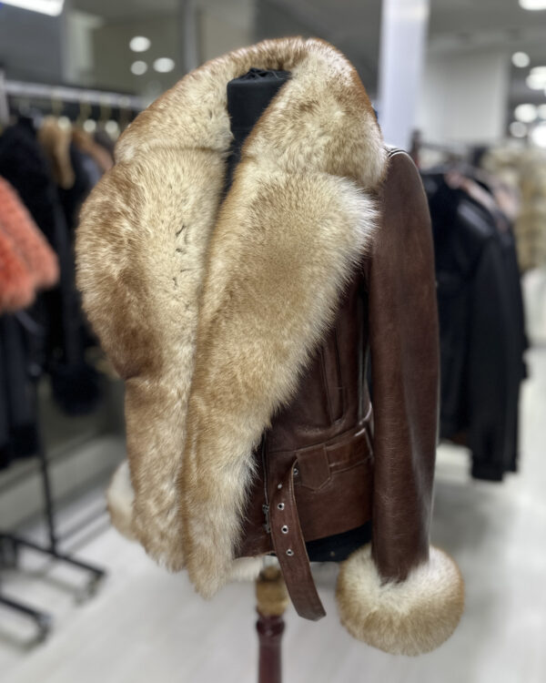 Genuine Fox Fur Trim Real Shearling Tan Biker Jacket