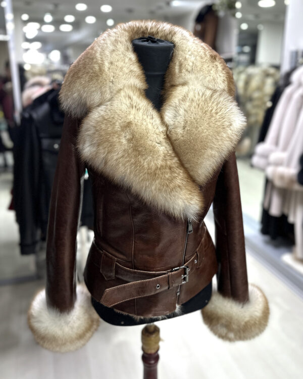 Genuine Fox Fur Trim Real Shearling Tan Biker Jacket
