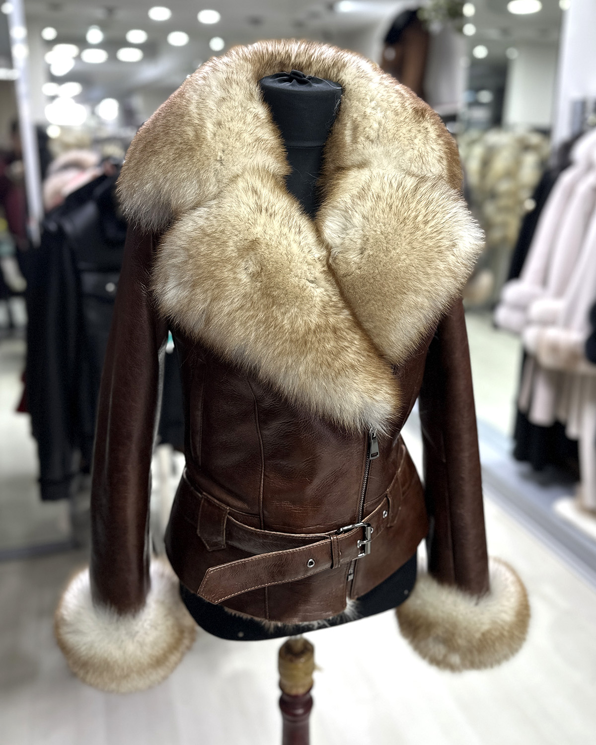 Genuine Fox Fur Trim Real Shearling Tan Biker Jacket