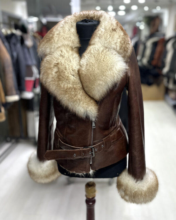 Genuine Fox Fur Trim Real Shearling Tan Biker Jacket