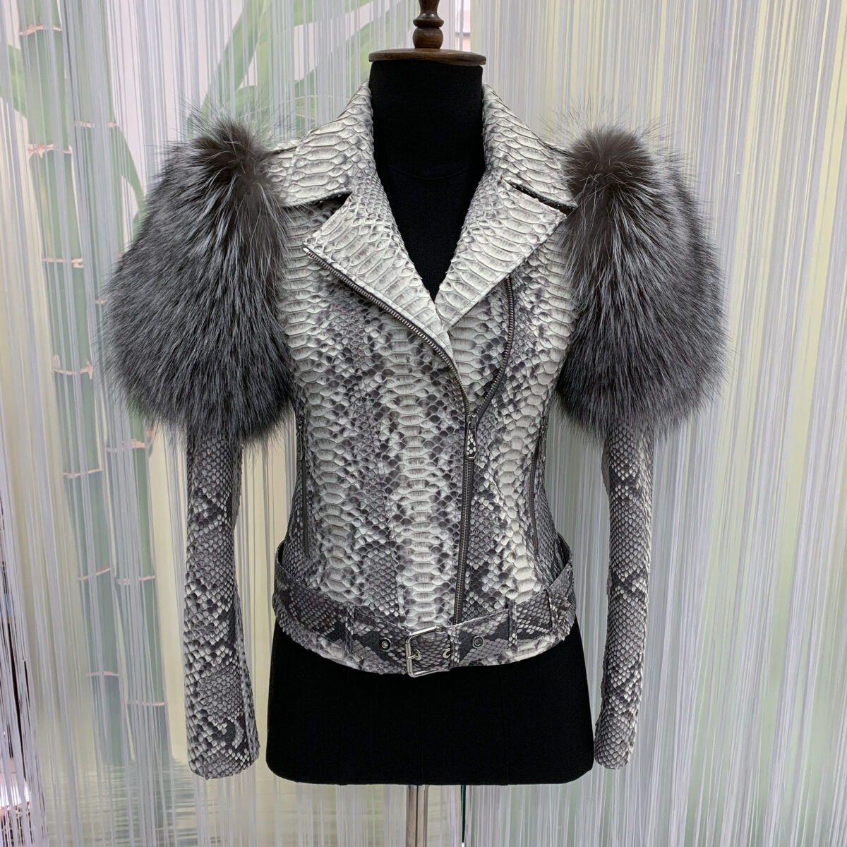 Women's Genuine Python Leather Real Fox Fur Trim White Exotic Biker Jacket