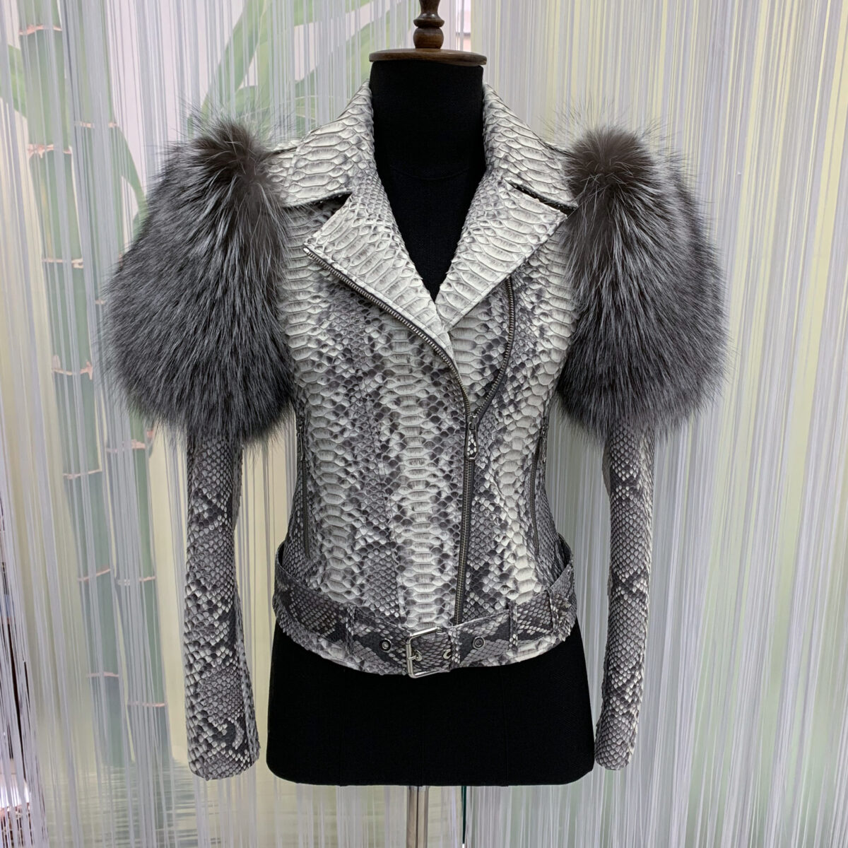 Women's Genuine Python Leather Real Fox Fur Trim White Exotic Biker Jacket