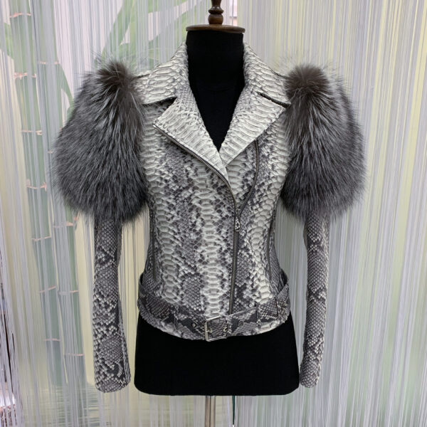 Women's Genuine Python Leather Real Fox Fur Trim White Exotic Biker Jacket