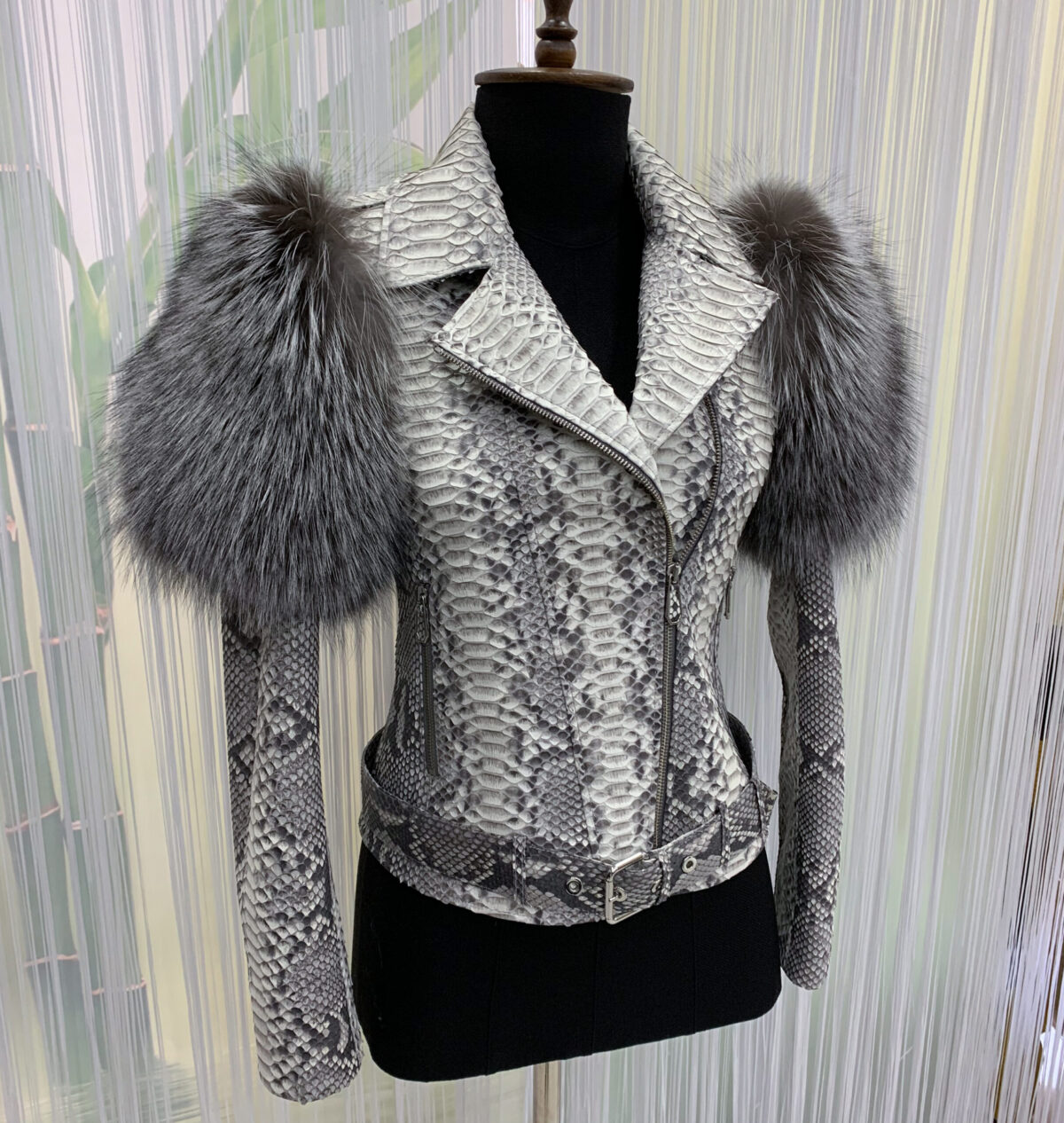 Women's Genuine Python Leather Real Fox Fur Trim White Exotic Biker Jacket