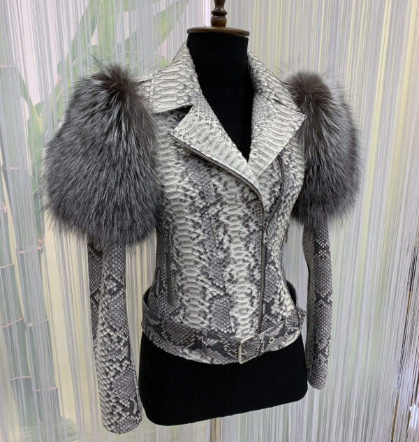 Women's Genuine Python Leather Real Fox Fur Trim White Exotic Biker Jacket