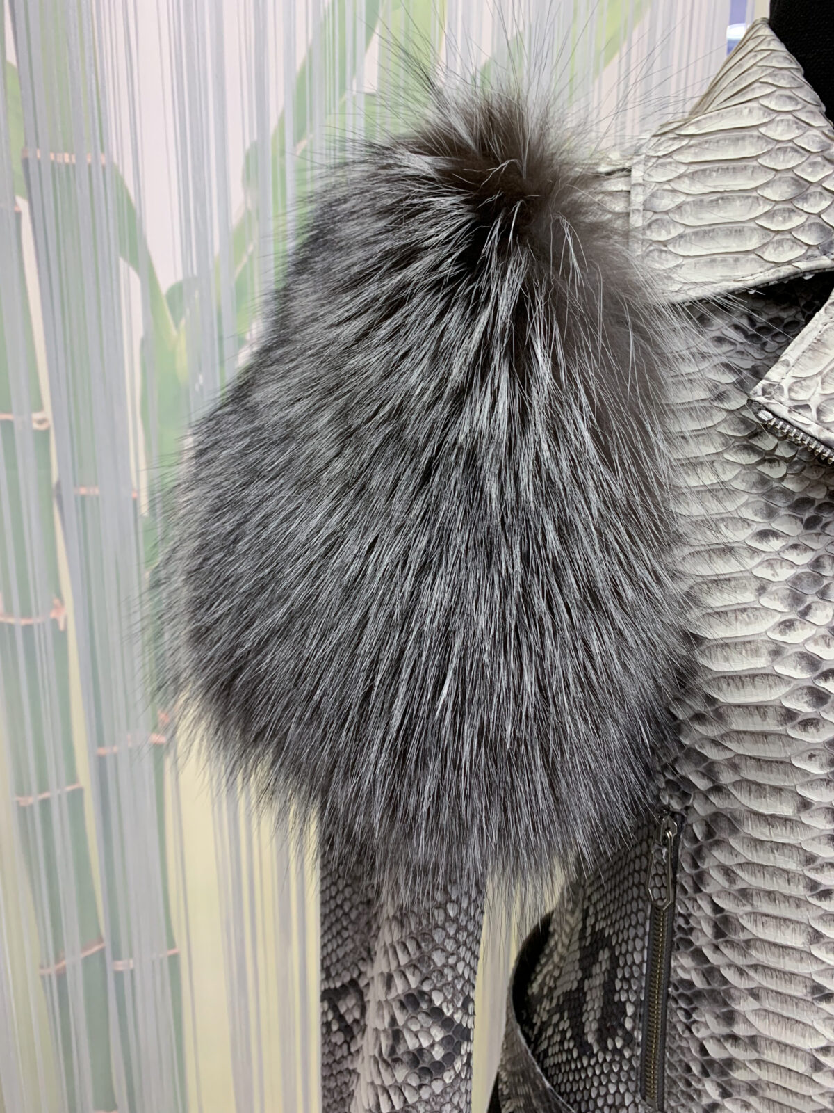 Women's Genuine Python Leather Real Fox Fur Trim White Exotic Biker Jacket