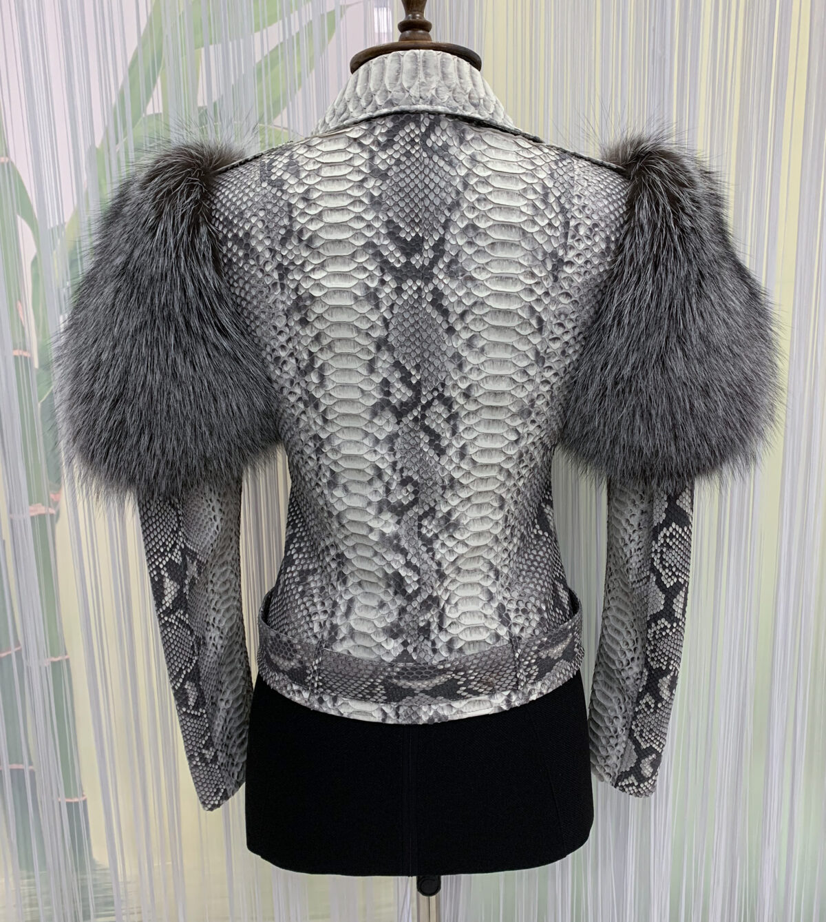 Women's Genuine Python Leather Real Fox Fur Trim White Exotic Biker Jacket
