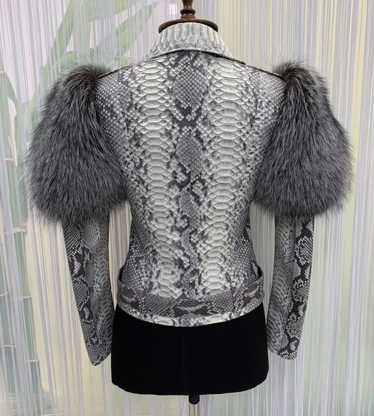 Women's Genuine Python Leather Real Fox Fur Trim White Exotic Biker Jacket