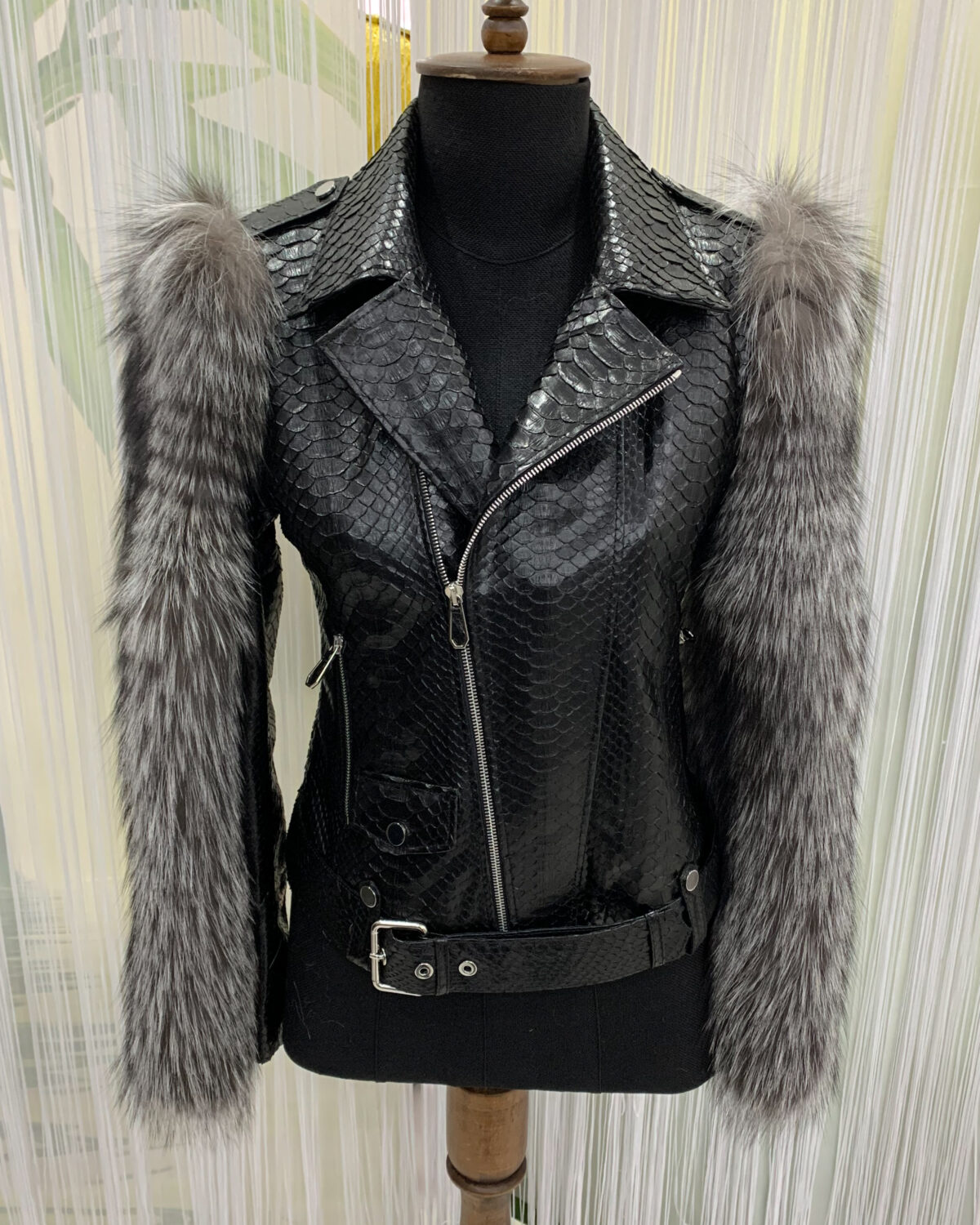 Fox Fur Trim Real Python Leather Black Motorcycle Biker Jacket
