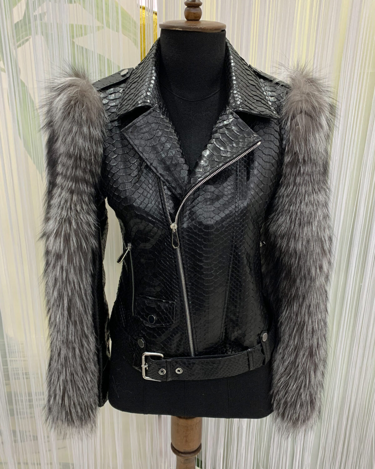 Fox Fur Trim Real Python Leather Black Motorcycle Biker Jacket