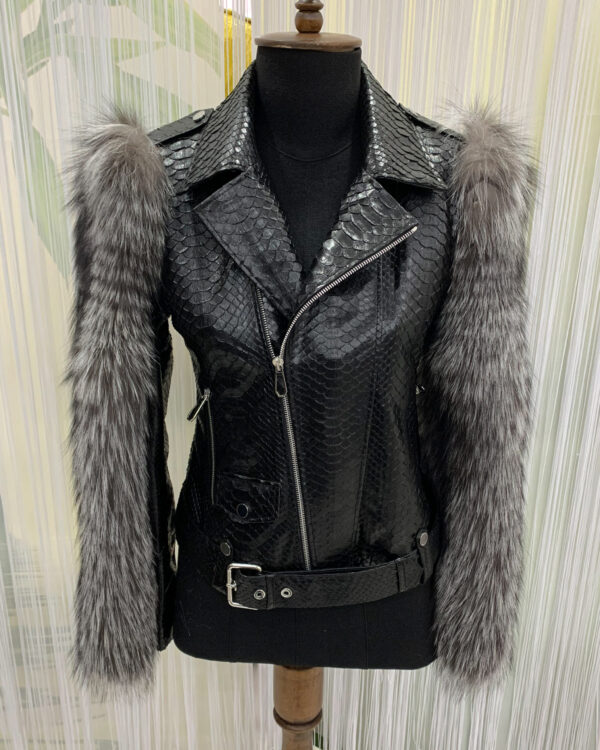 Fox Fur Trim Real Python Leather Black Motorcycle Biker Jacket