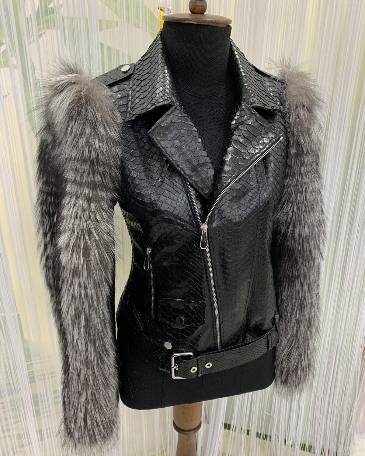 Fox Fur Trim Real Python Leather Black Motorcycle Biker Jacket