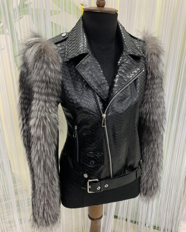 Fox Fur Trim Real Python Leather Black Motorcycle Biker Jacket