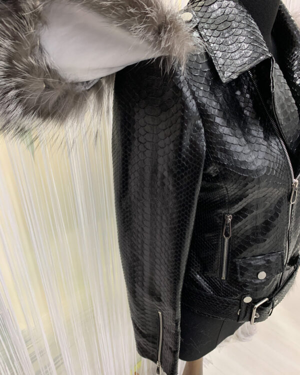 Fox Fur Trim Real Python Leather Black Motorcycle Biker Jacket