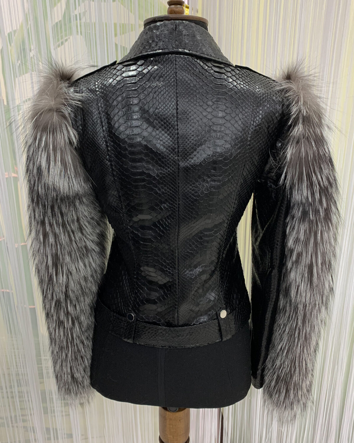Fox Fur Trim Real Python Leather Black Motorcycle Biker Jacket