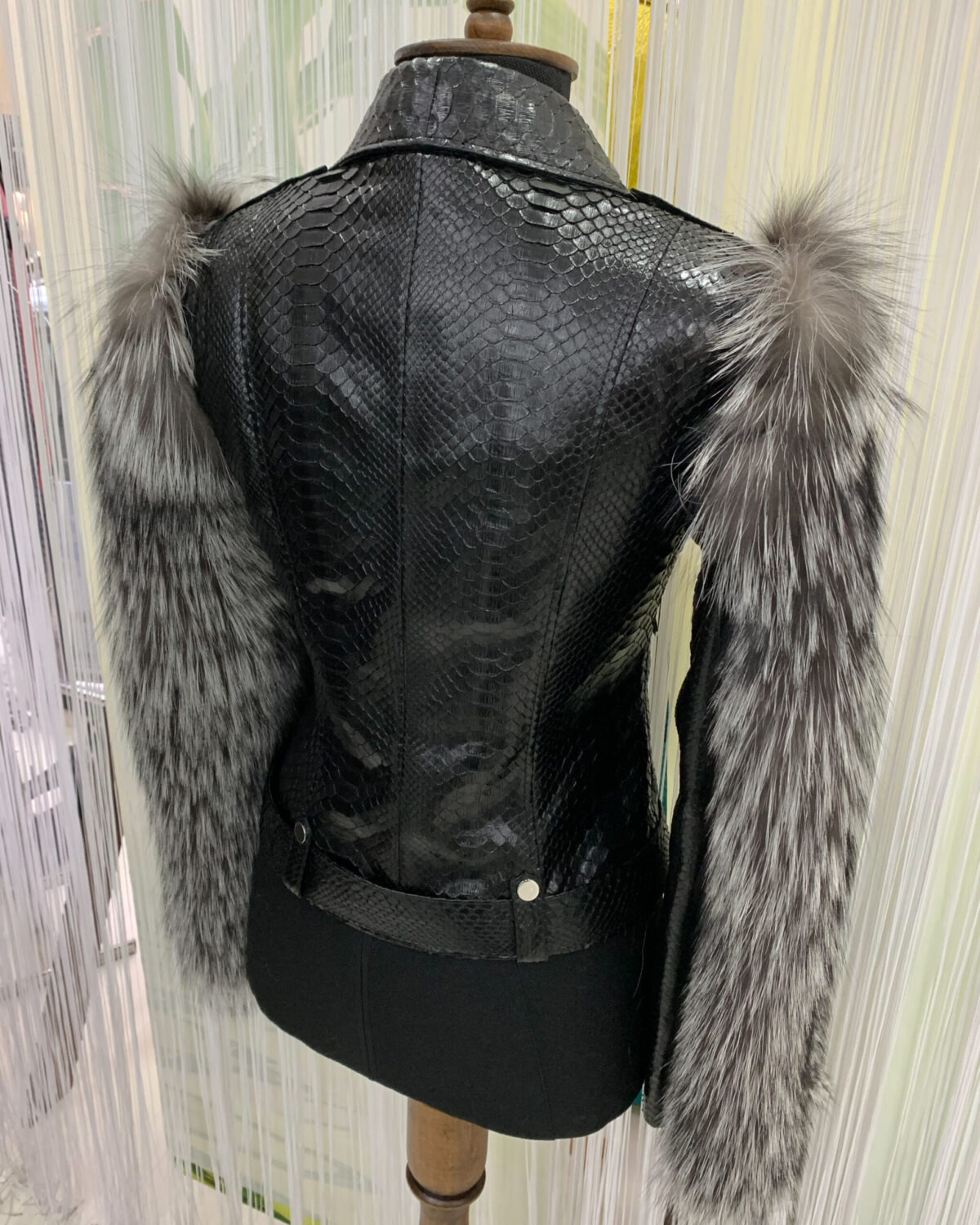Fox Fur Trim Real Python Leather Black Motorcycle Biker Jacket