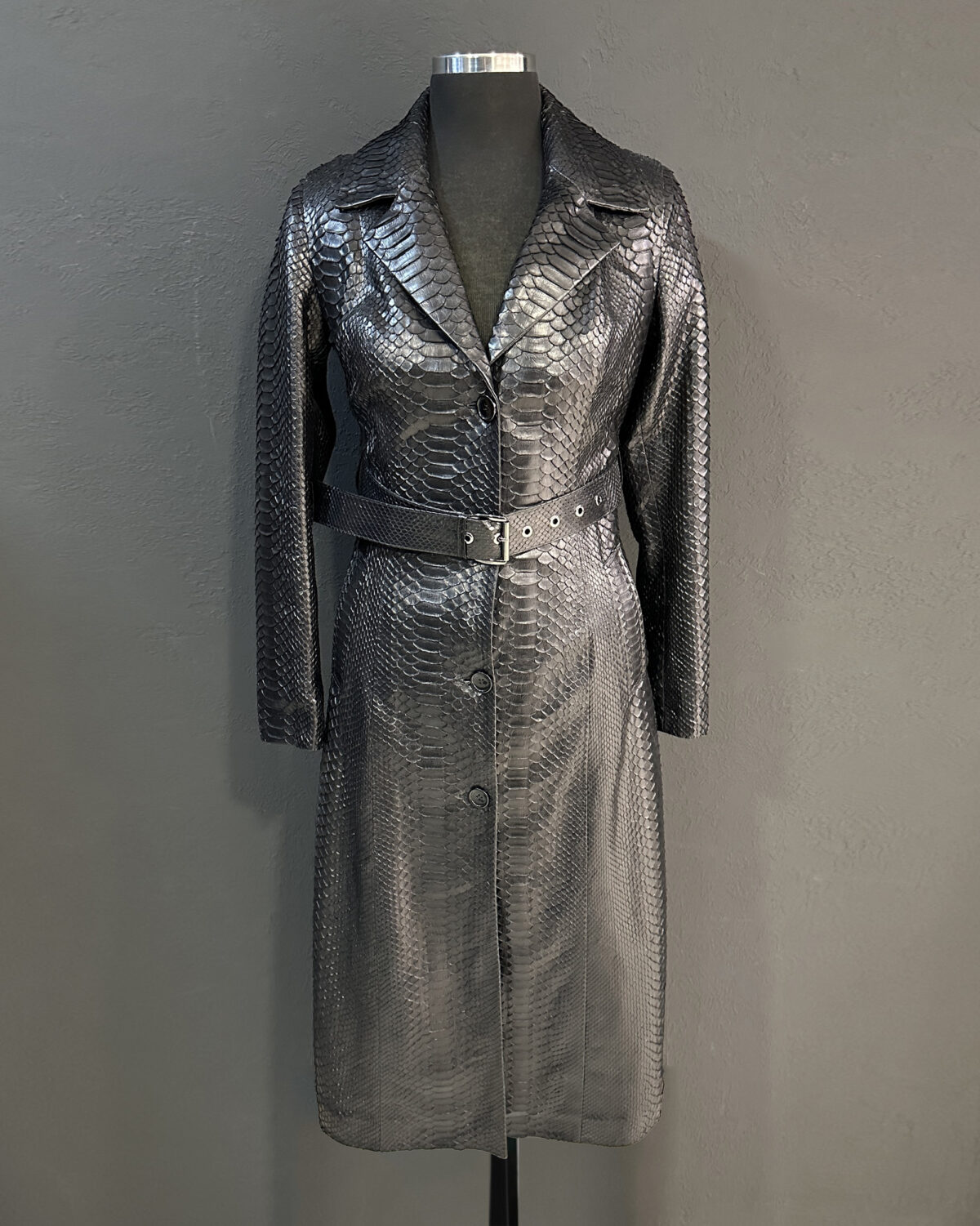 Genuine Python Leather Belted Black Exotic Snake Skin Long Overcoat