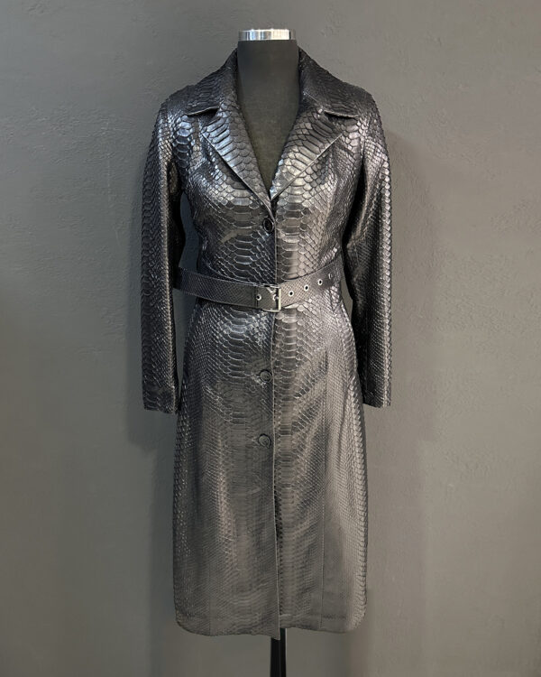 Genuine Python Leather Belted Black Exotic Snake Skin Long Overcoat