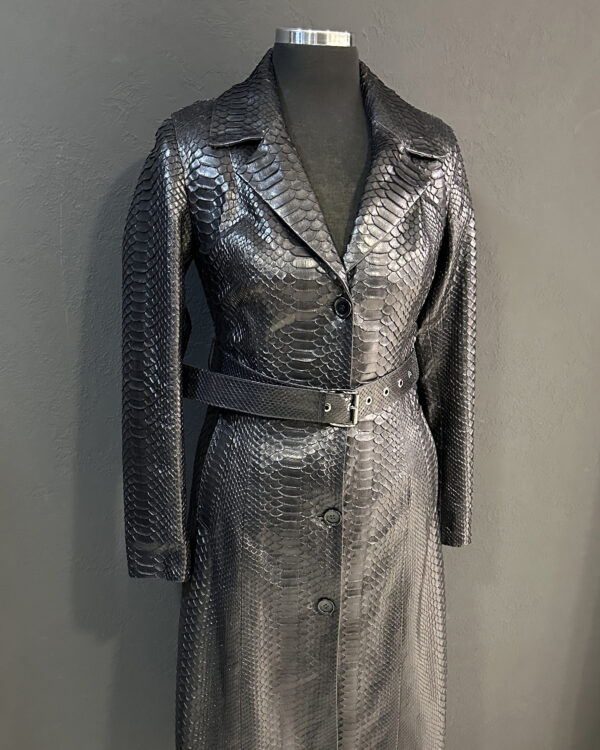 Genuine Python Leather Belted Black Exotic Snake Skin Long Overcoat